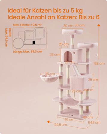 Кігтеточка Feandrea для котів, 206 см, XXL, з 13 кігтеточками, 2 платформами, 2 хованками, кошиком, помпонами, багатоярусна, плюшеве покриття, для дому, кремово-білий колір