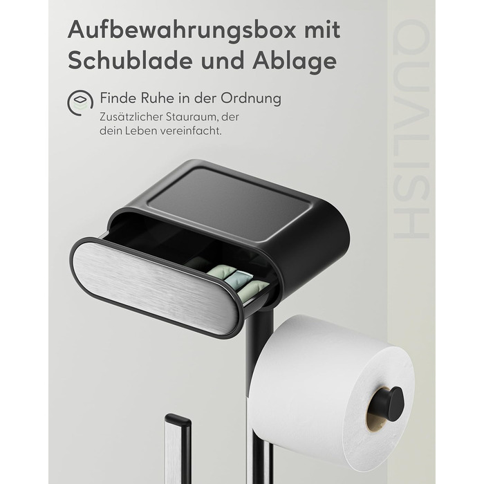 QUALISH Stainless Steel Toilet Paper Holder with Brush - Standing Toilet Paper Roll Holder with Silicone Brush - White & Black Finish