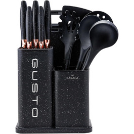 Набір ножів Karaca Gusto 12 предметів з дощечкою та кухонними аксесуарами. Ножі з нержавіючої сталі, ергономічні ручки. Чорний колір.