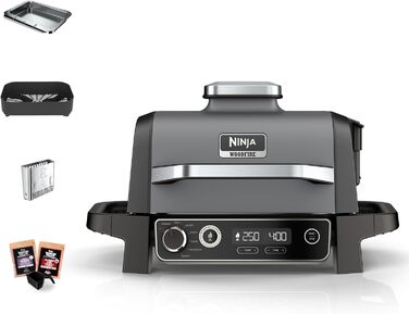 Ninja Woodfire Electric Grill with Smoker & Air Fryer - 7-in-1 Outdoor BBQ Grill - Weatherproof, Non-Stick, Portable - Grey/Black OG701EU