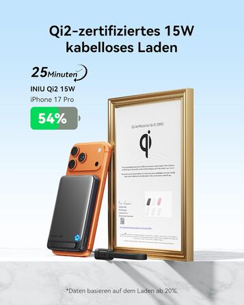 INIU Power Bank Magsafe 10000mAh 45W Qi2, чорний. З кабелем USB-C та підставкою, для iPhone 17/16/15/14/13