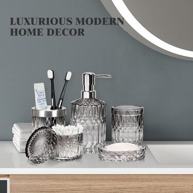 Набір аксесуарів для ванної кімнати зі скла: мильниця, дозатор мила, тримач для зубних щіток, стаканчик та контейнер для ватних паличок. Сучасний дизайн, градієнт, чорний та прозорий колір. Організатор для ванної кімнати.