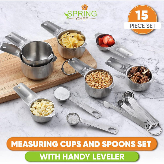 Набір магнітних мірних склянок та ложок Spring Chef (15 шт.), нержавіюча сталь, BPA-free, для випічки та приготування їжі