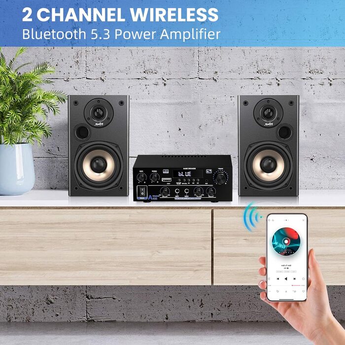 AK55 HiFi стерео підсилювач 2-канальний, 1000 Вт Bluetooth 5.3, 50+50 Вт, для 8-дюймових домашніх колонок, бас/требл, AUX, FM, мікрофон, USB