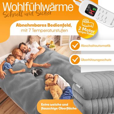 Електрична грілка KESSER® з плюшу 180x130 см сірого кольору | з таймером та автовимкненням | тепла та затишна ковдра | 9 температурних режимів | прання до 40°C | цифровий дисплей