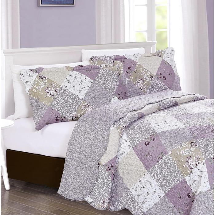 Комплект стеганих ковдр Brilliant Sunshine Grey Heart Love Patchwork (2 шт.) з чохлом для подушки, двостороння покривало, м'яка легка ковдра, всесезонна ковдра для двоспального ліжка (Фіолетовий)