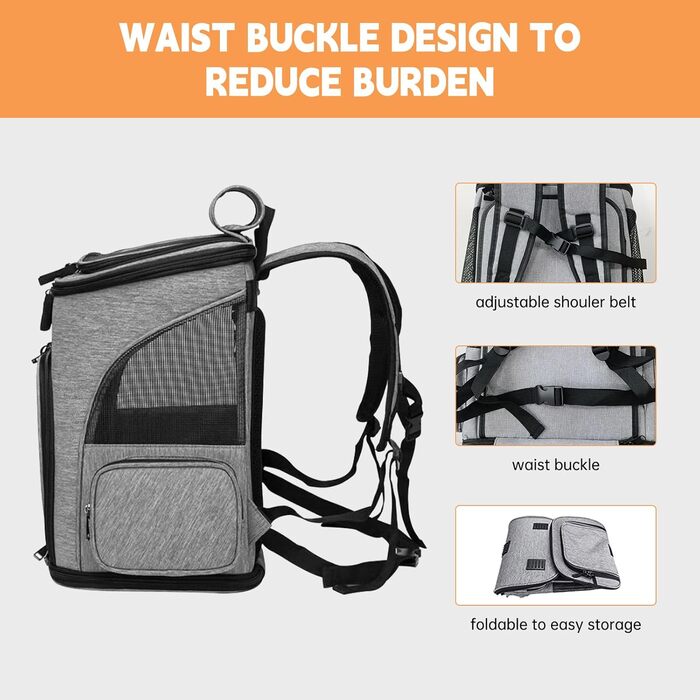 Рюкзак для тварин: переноска для собак та котів до 10 кг, сірий. Зручна, розширювана, з 2 матами.