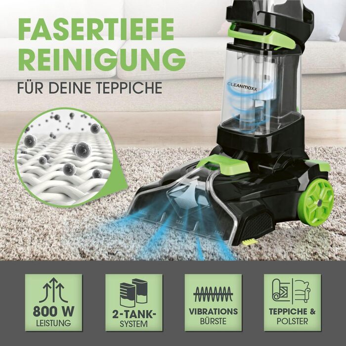 CLEANmaxx Апарат для чищення килимів 3-в-1: миття, чистка, всмоктування | Мийний пилосос з вібраційними щітками та боковими щітками | Для чистоти на практично будь-якому килимі (AquaStream Plus)