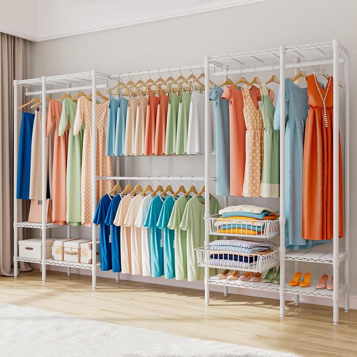 Важкий металевий вішак для одягу, розширюваний відкритий гардероб з 2 висувними кошиками, (249-297) x 40 x 192 см, білий