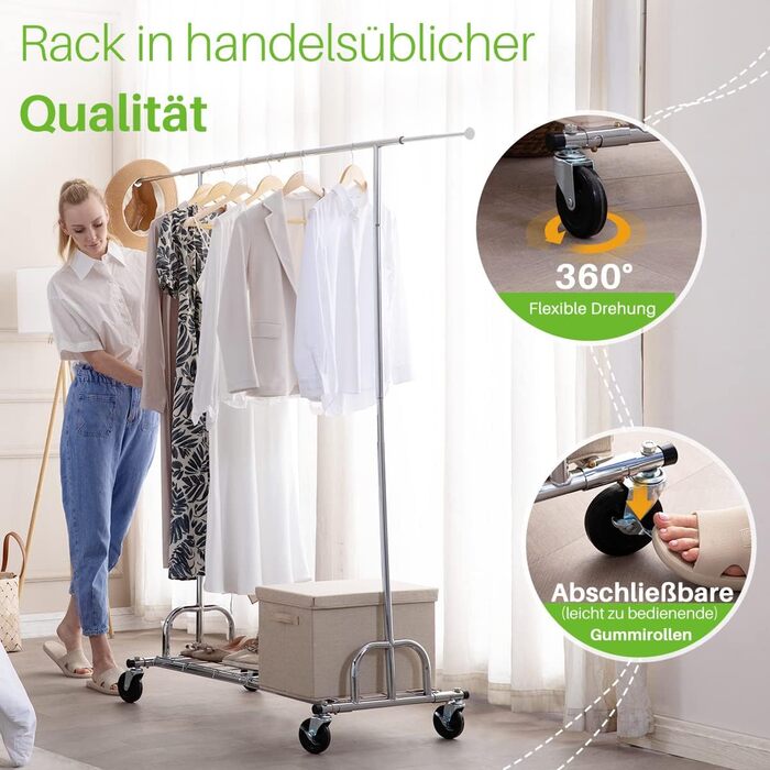 HOKEEPER Clothes Rack with Shelves, 450 kg Capacity, Rolling Clothes Rack, Portable Clothes Rack for Hanging, Chrome