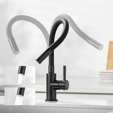 Змішувач кухонний CECIPA SOFETIY SERIE (Чорний) з гнучким виливом 360°, для високого тиску, з 2 режимами струменя, з нержавіючої сталі, для раковини