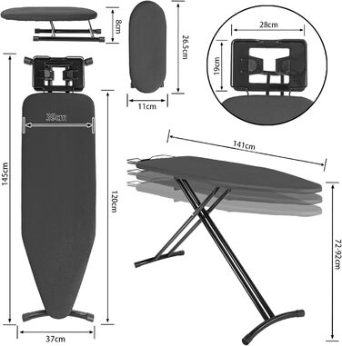 Відкидна прасувальна дошка з підставкою для праски, регульована по висоті, з неслизькими ніжками, компактна, чорна (122 x 38 см)