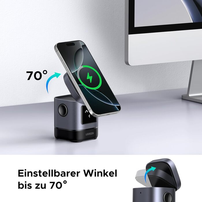 Зарядний станція UGREEN UNO 2-в-1 з сертифікацією Qi2, 15W, сумісна з MagSafe для iPhone 17/16/15/14/13, AirPods 2/3, регульований підставка для зарядки