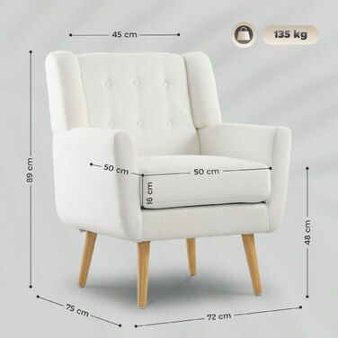 HOMCOM Armchair Living Room Wingback Chair Upholstered Tufted Lounge Chair Recliner with Teddy Fleece Look, Wooden Legs, Upholstered Chair for Bedroom, White | Aosom