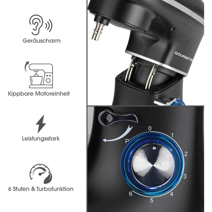 Gourmetmaxx Kitchen Machine with Kneading and Whisking Function | Powerful kitchen machine with a large 5-liter stainless steel bowl and direct drive | Includes mixing attachment, dough hook & whisk [1,500 watts] Metallic Black