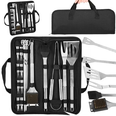 Набір для гриля SPRINGOS 5 предметів з нержавіючої сталі: щипці, лопатка, ніж, виделка, пензлик + сумка для зберігання