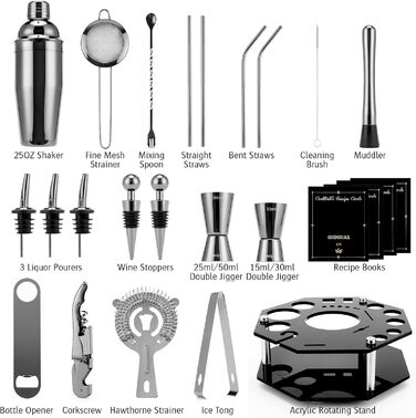 Набір для коктейлів 21 предмет | Набір шейкерів для коктейлів з обертовим підставкою | Шейкер з міцної нержавіючої сталі з аксесуарами | У комплекті стильна чорна подарункова коробка | Барний набір (Чорний)