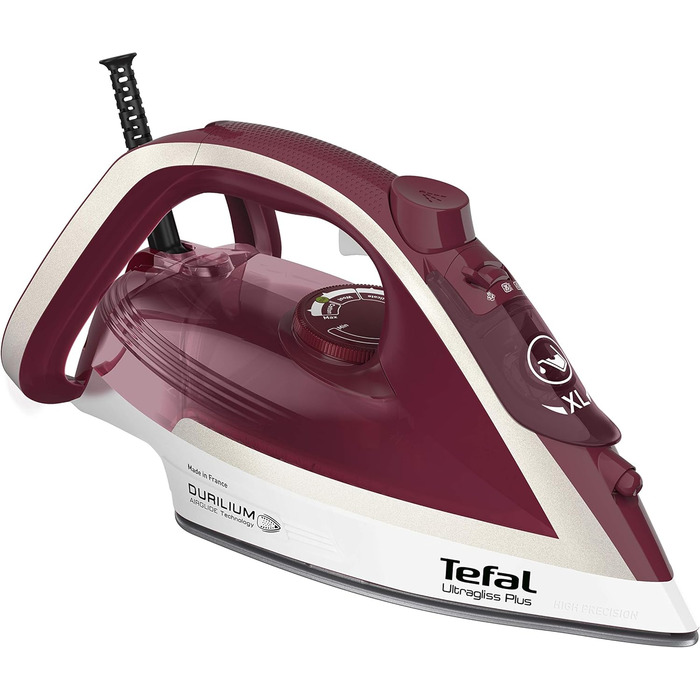 Праска Tefal Ultragliss Plus FV6810, 2800 Вт, паровий удар 250 г/хв, постійна подача пари 50 г/хв, стійка до подряпин підошва, режим Eco, червоно-біла