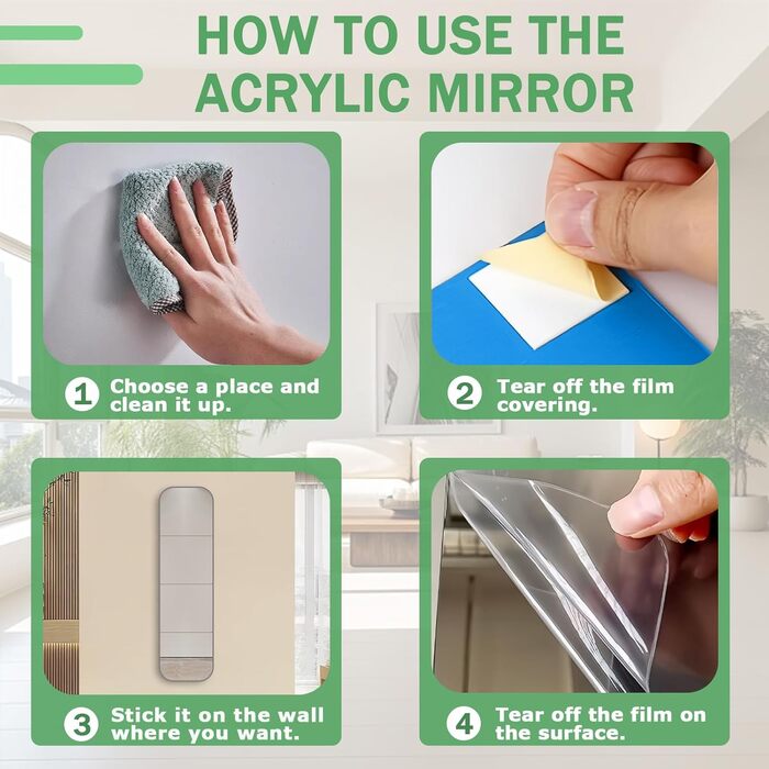 Настінний дзеркало на клейкій основі, 4 шт., акрил, самоклеючий, безпечний, велике дзеркало для ванної кімнати, фітнесу