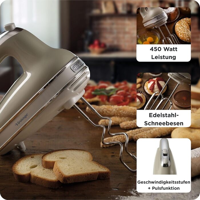 Міксер ручний Ariete Vintage 1548, 450W, Бежевий, 5 швидкостей, турбо-функція, 2 насадки для тіста та збивання
