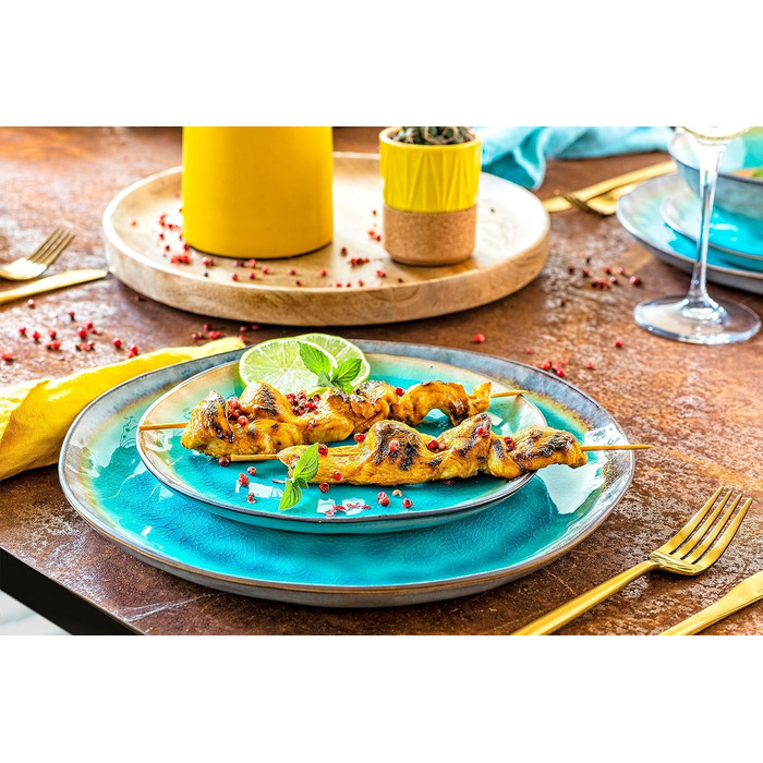 SÄNGER | Capri Dinnerware Set, 12-Piece, Plate Set for 4 People, Stoneware Dinnerware including Dinner Plates, Dessert Plates & Deep Plates, Turquoise Blue Tableware Set with Grey Rim | PREMIUM COLLECTION 12-Piece Dinnerware Set