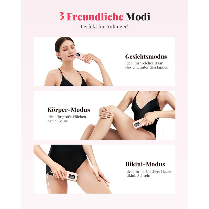 Пристрій для епіляції IPL Laser - Безболійна епіляція вдома: 9 рівнів, 999 900 імпульсів світла для тіла, обличчя та бікіні. Рожевий колір