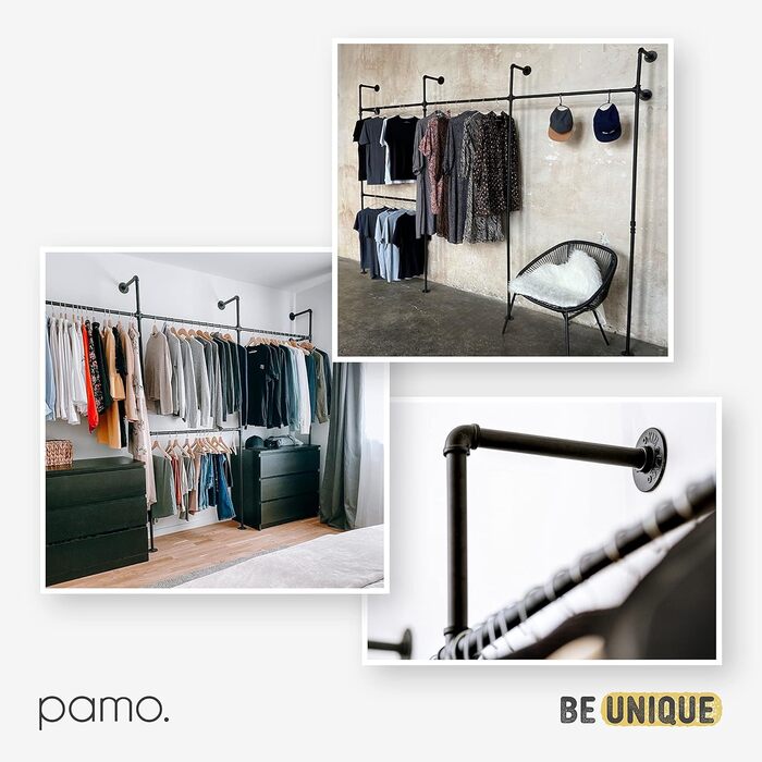 pamo Clothes Rail Industrial Loft Design - FINN - 93 cm Wardrobe Rail or Clothes Stand with Wall or Ceiling Mounting made of sturdy pipes in black