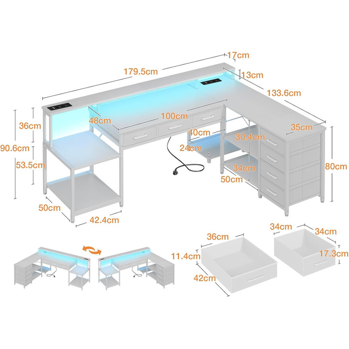 Комп'ютерний стіл Coleshome з 7 висувними ящиками та великим об'ємом зберігання, кутовий стіл з RGB LED підсвічуванням, реверсивний L-подібний стіл з 2 розетками, ідеальний для офісу та геймінгу (білий, 179.5×135.5 см)