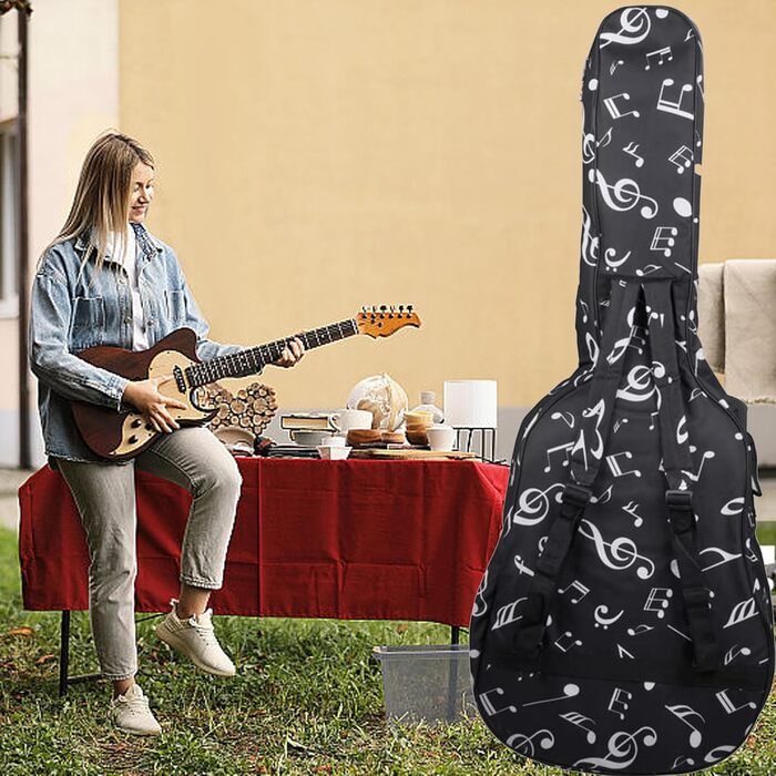Водонепроникний кейс для гітари SUQ Oxford, 40/41 дюймів, з принтом музичних нот, нейлон, Gigbag, для електро-, акустичної та концертної гітари, ударостійкий, 8 мм підкладка, водонепроникний (чорний)