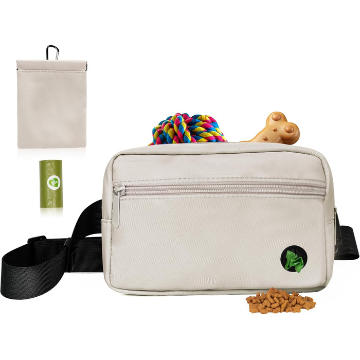 Сумка для собак з карабіном, сумка для тренування цуценят з відділенням для ласощів та тримачем для пакетів для вигулу, зручна сумка для перенесення ласощів для тварин з регульованим поясним ременем (Бежева)