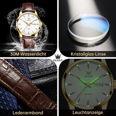 Чоловічий годинник OLEVS з нержавіючої сталі, кварцовий аналоговий годинник, класичний діловий годинник, водостійкий годинник з підсвічуванням, дата, ремінець з натуральної шкіри (білий циферблат/коричневий ремінець)