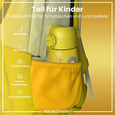 ion8 Insulated Stainless Steel Drinking Bottle 320 ml Leak-Proof One-Handed Opening Secure Locking Dishwasher-Safe Flip-Top Lid Carrying Handle Easy to Clean, Durable, Unicorn (Evo, Recyclon, Yellow)