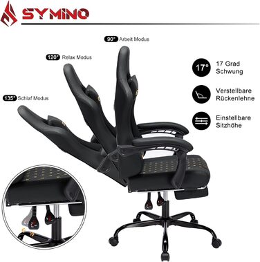 Геймерське крісло Symino Racing – ергономічне крісло для ігор з підтримкою попереку, регульованими підлокітниками, підставкою для ніг, оббивка з PU шкіри Vintage, чорне, до 200 кг