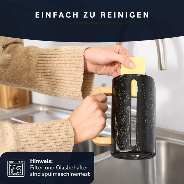 Френч-прес для кави Home Hero – 963.9 г, з бамбуковим руків'ям, скло Borosilikat, нержавіюча сталь, 4-шаровий фільтр, чорний