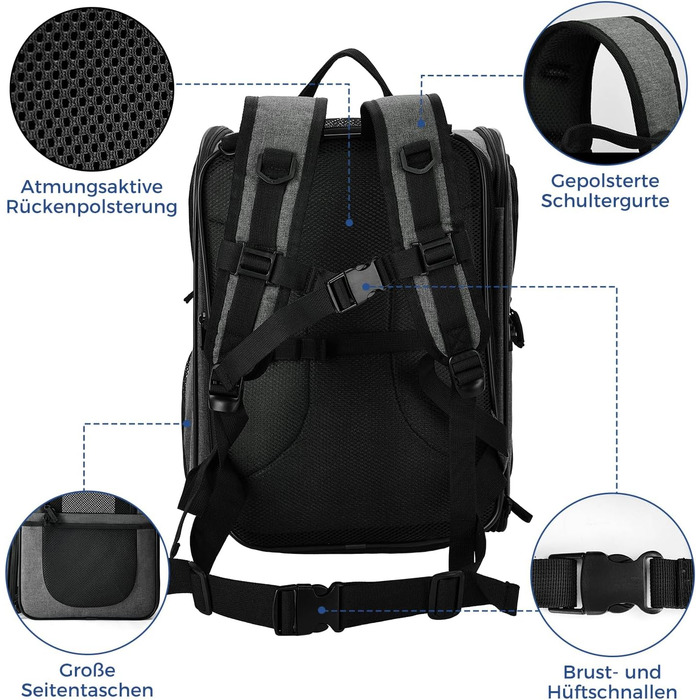 Рюкзак для собак та котів Apollo Walker - для маленьких тварин (2-15 кг), з підтримуючим каркасом, дихаючий, розширюваний, сірий