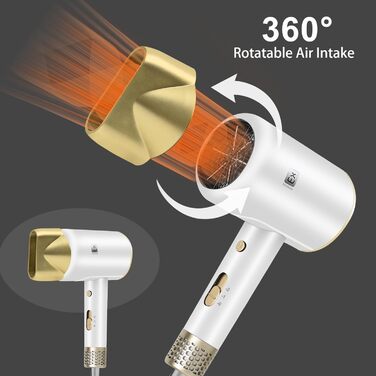Професійний фен 2000W з регулюванням температури та швидкості, насадка-концентратор, холодний струмінь повітря для дому, салону краси та подорожей (білий)