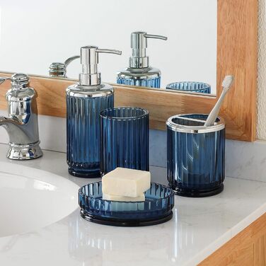 4-Piece Glass Bathroom Accessories Set with Decorative Embossed Pattern, including Hand Soap Dispenser, Cup, Soap Dish, and Toothbrush Holder, Blue-Green (Blue)