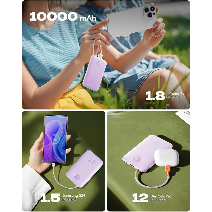 Повербанк VIYISI 10000mAh ультратонкий із вбудованим кабелем USB-C, фіолетовий