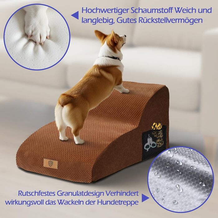 Сходинки для собак Eukue - 2 сходинки для маленьких собак, для ліжка та дивану, з високощільним пінополіуретаном, портативні, знімний, пральний чохол (білий) (коричневий)