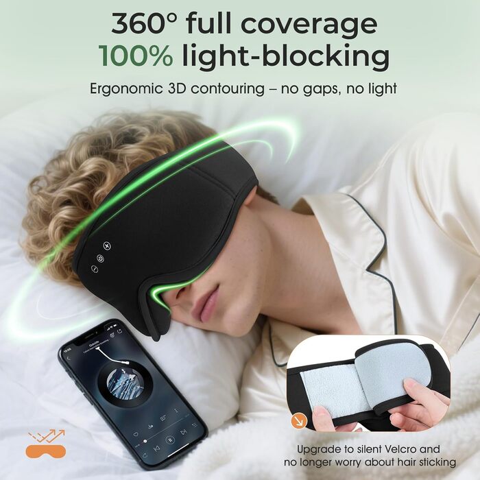 Сплющена маска для сну Musicozy з навушниками, бамбукова тканина, Bluetooth v5.4, 3D дизайн, для тих, хто спить на боці, з мікрофоном, чорна