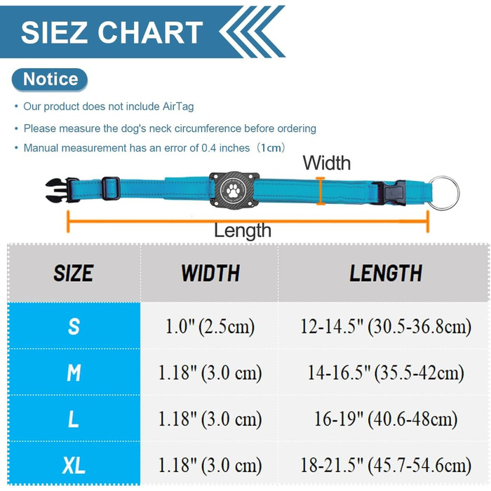 Світловідбиваючий нашийник для собак AirTag, водонепроникний, для середніх та великих собак, розмір M (35.5-44 см), блакитний