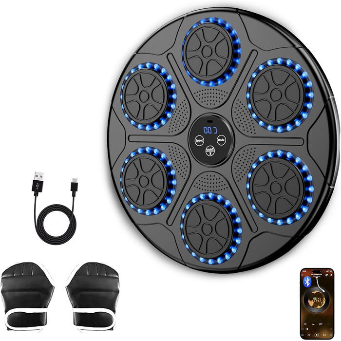Music Boxing Machine - Home Fitness & Punching Bag with Music & Bluetooth | Includes Boxing Gloves | Ideal for Reflex Training, Kickboxing & Family Activities | Wall Mountable Black