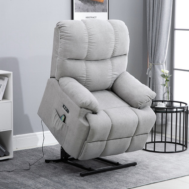 HOMCOM Massage Chair with Rise Assist, Recliner, TV Chair with Heat Function, Adjustable Angle, USB, Remote Control, Short Plush, Grey, 83x95x105 cm