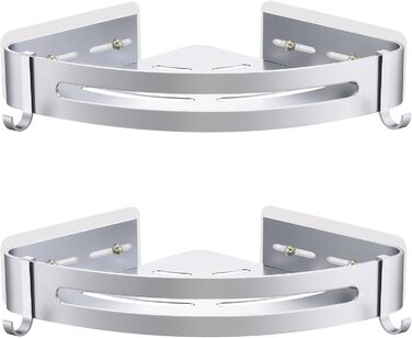 Поличка для душу без свердління, кутова поличка для ванної кімнати з алюмінію, трикутна корзина для душу з гачками, органайзер для шампуню, стійка до іржі (2 шт., піскоструминне золоте покриття) (Блискучий срібло)