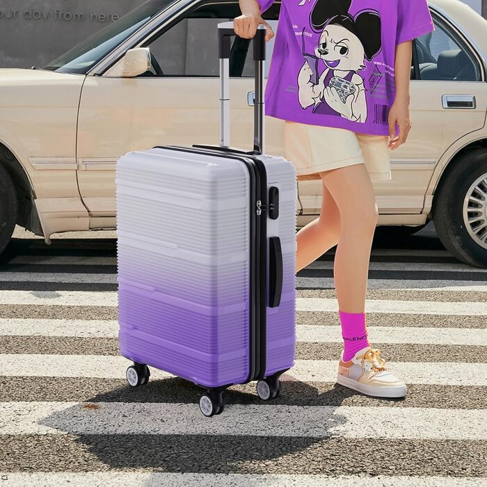 Набір валіз 3 шт., валіза з жорстким корпусом, ручна валіза, набір валіз з полікарбонату, легка та міцна, з обертовими колесами на 360° та замком TSA (перехідний колір фіолетовий)