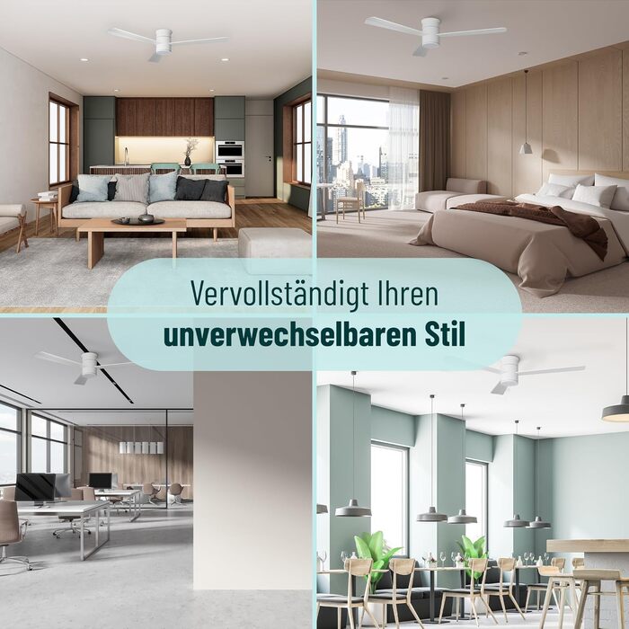 Стеляний вентилятор Noaton® Fornax Weiß з підсвічуванням, діаметр 132 см, DC мотор 40 Вт, диммований LED модуль 22 Вт, 3 колірні температури, пульт дистанційного керування, таймер, повітряний потік до 185 м³/хв (Zoya WW)