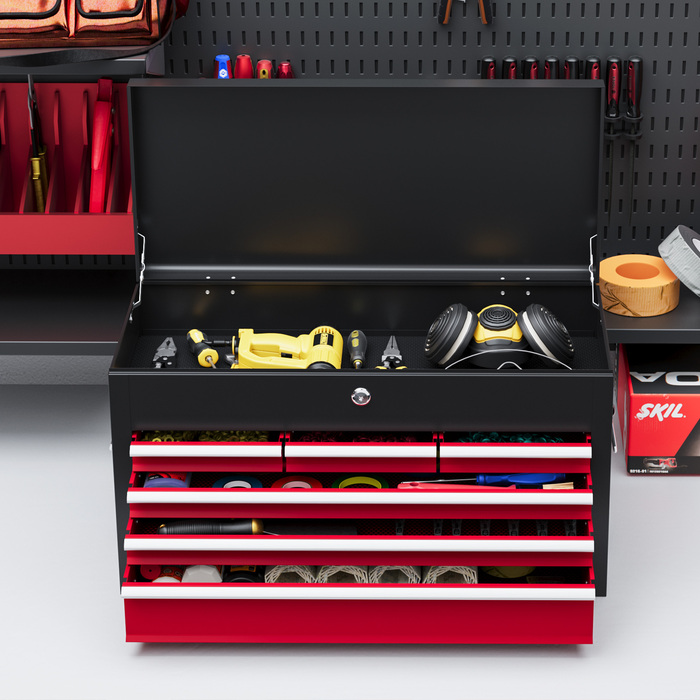 HOMCOM Tool Case Tool Box with 6 Drawers, Lock, Tool Box Handle, Tool Chest, Steel, Red+Black, 60x26x34cm | Aosom