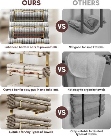 Настінний тримач для рушників у ванну кімнату, без свердління, 6-рівнева наддверна полиця для рушників, багаторівневий тримач для рушників на двері, для складених рушників (Золотий, 8 ярусів)