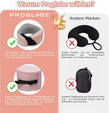 Подушка для шиї Proglobe, 100% Memory Foam, ортопедична, для подорожей (літак, авто, поїзд), з маскою для сну, сітчаста сумка (рожевий)