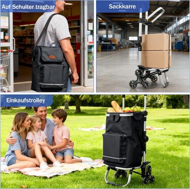 Тролей для покупок Sekey XXL з підйомником для сходин, 3 колеса, для кемпінгу та покупок, регульована ручка, алюміній 3-в-1, з відділенням для їжі та напоїв, чорний